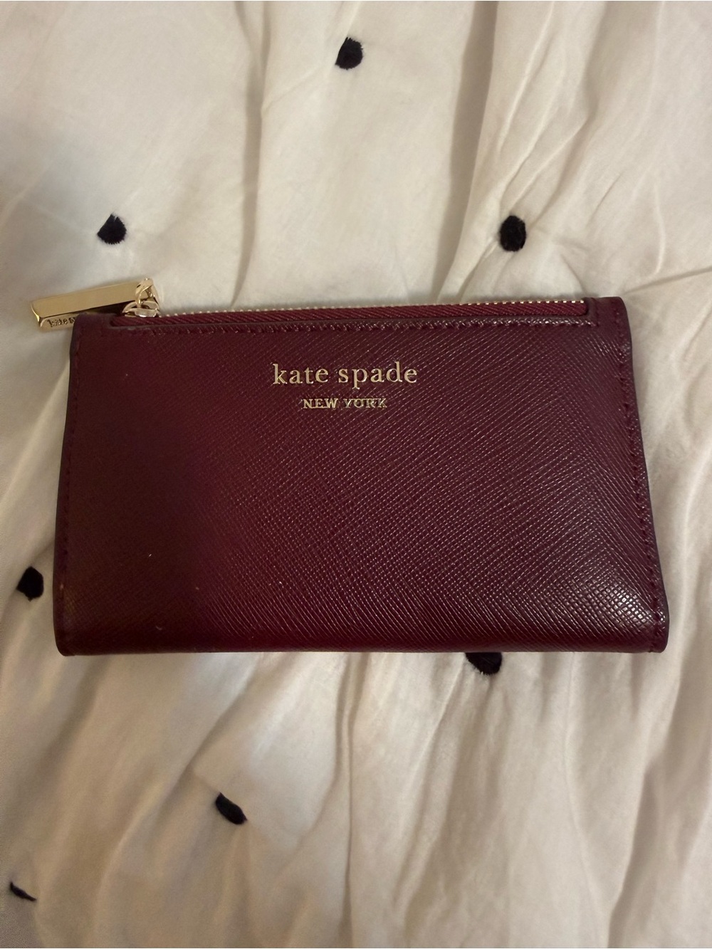kate spade Burgundy Saffiano Leather Zip Wallet with Gold Logo